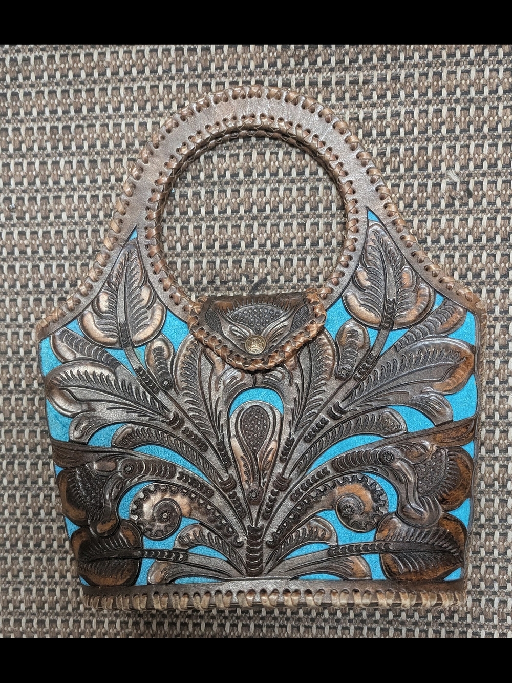 Vintage Turquoise Tooled Leather Handbag - Women's Tote